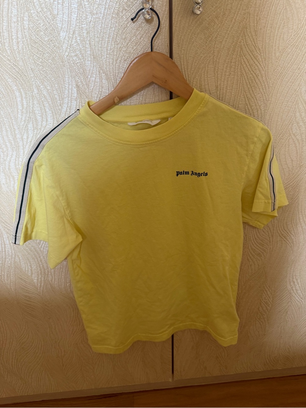 Palm Angels Kids Yellow Tee with Black Shoulder Stripes